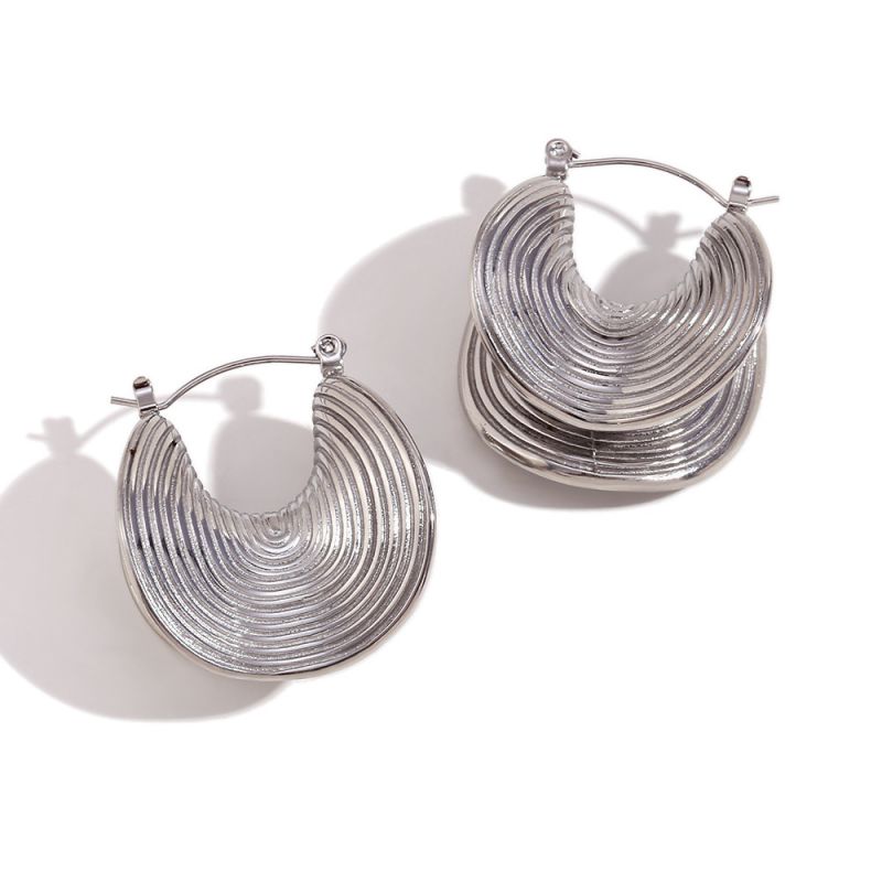 Fashion Half-fold High-low Threaded Brim Earrings-steel Color Stainless Steel Threaded Earrings
