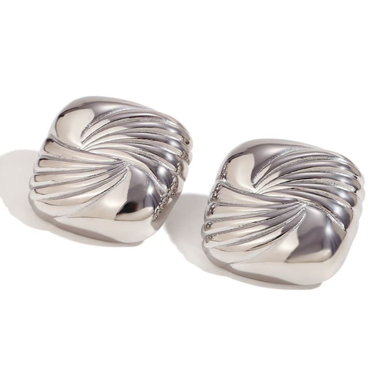 Fashion Square Wings Water Ripple Geometric Stud Earrings-steel Color Stainless Steel Square Earrings