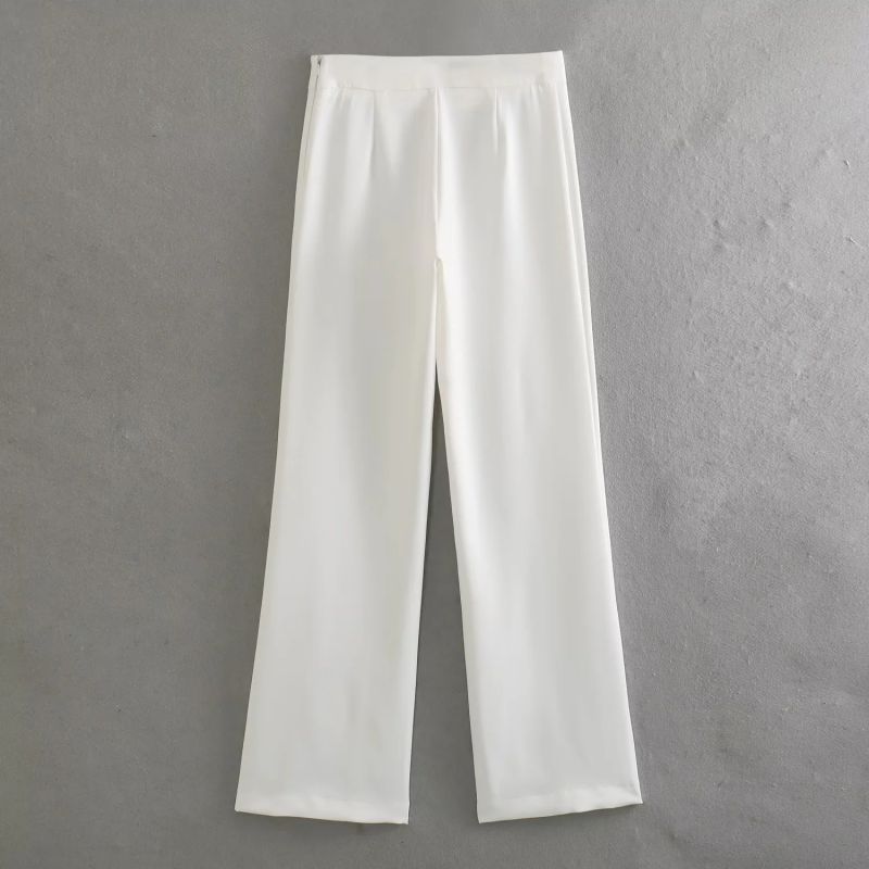 Fashion White Polyester Side Zip Straight Trousers