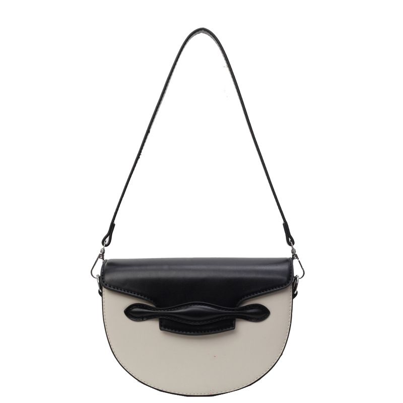 Fashion Black Pu Contrasting Color Flap Crossbody Saddle Bag