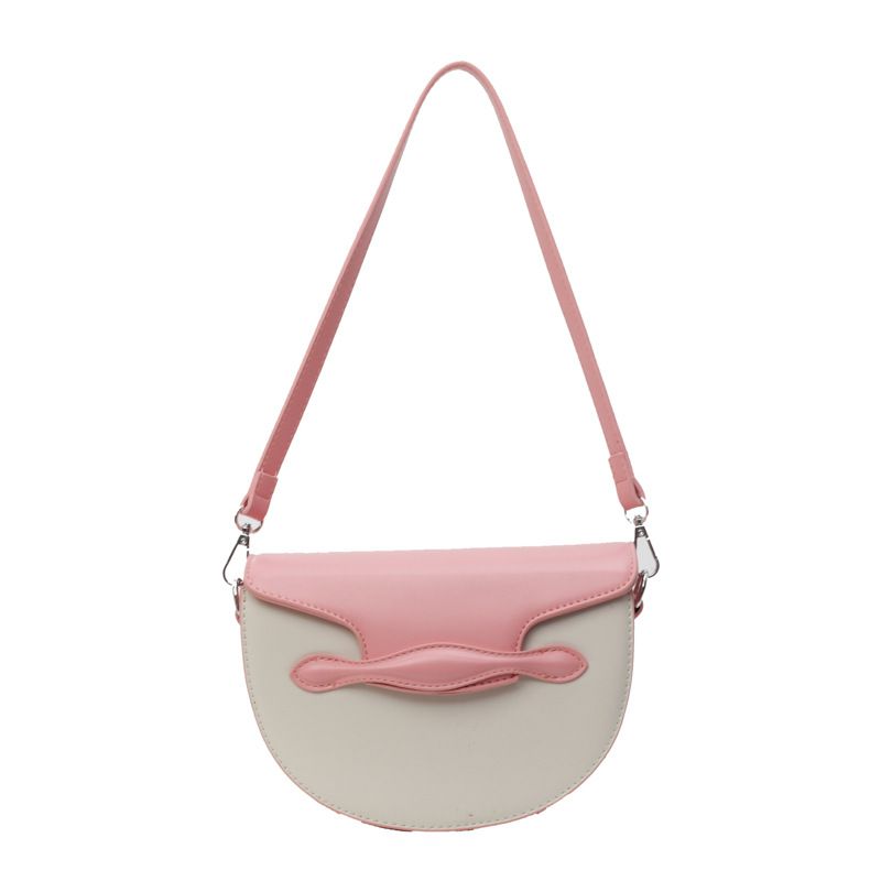 Fashion Pink Pu Contrasting Color Flap Crossbody Saddle Bag