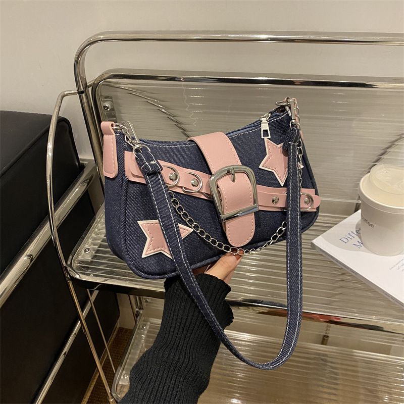 Fashion Navy Blue Belt Studded Star Shoulder Bag
