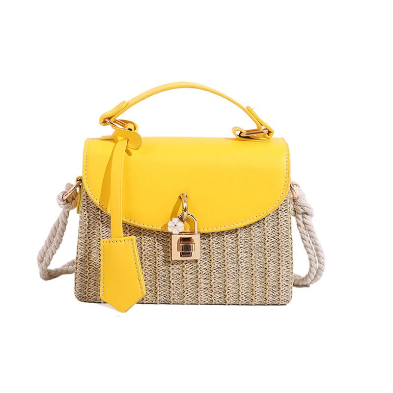 Fashion Yellow Pu Straw Lock Flap Crossbody Bag