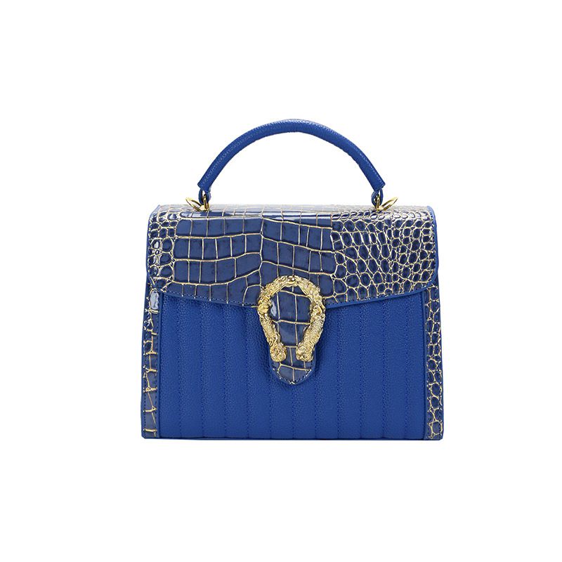 Fashion Blue Glossy Crocodile Pattern Large Capacity Crossbody Bag