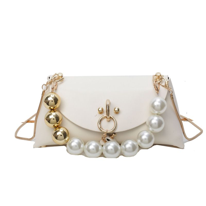 Fashion Off White Pu Pearl Handle Flap Crossbody Bag