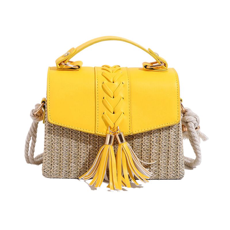 Fashion Yellow Pu Hemp Rope Woven Straw Contrasting Color Flap Crossbody Bag