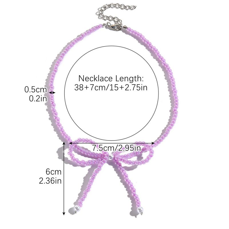Fashion Pearlescent Purple Rice Beads Alloy Rice Beads Bow Necklace