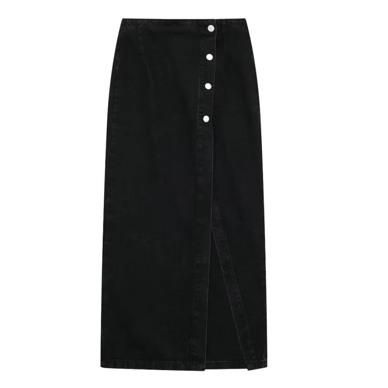 Fashion Black Double-breasted Denim Skirt