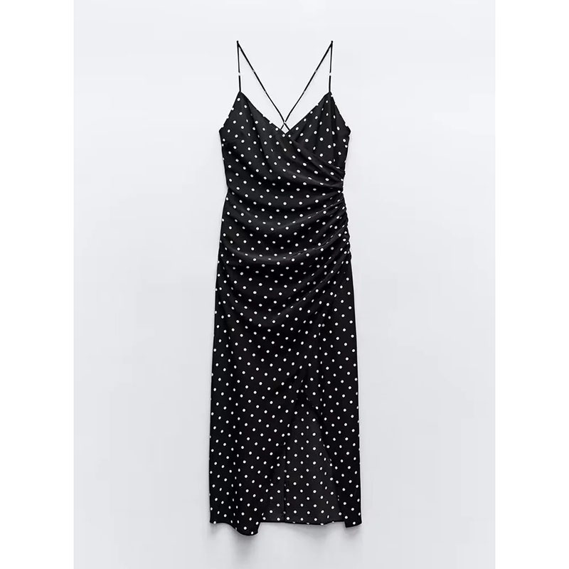 Fashion Black Polka Dot Print Suspender Long Skirt