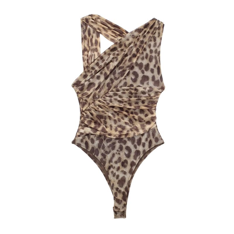 Fashion Leopard Print Tulle Asymmetric Pleated Bodysuit