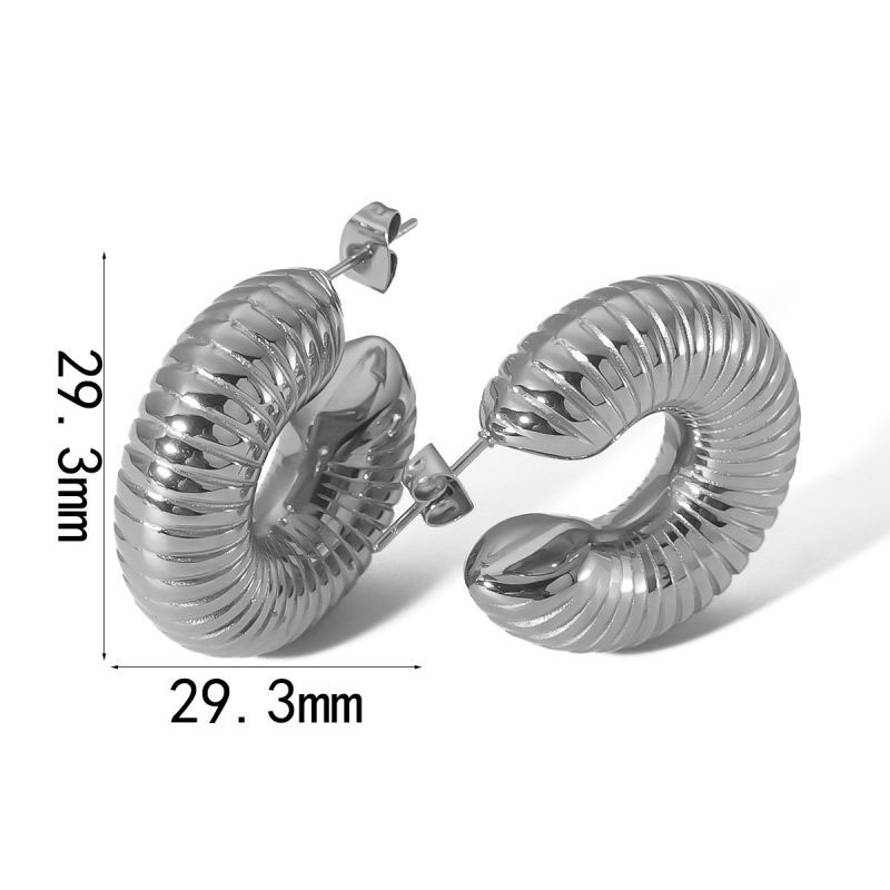 Fashion Silver Stainless Steel Threaded C-shaped Earrings