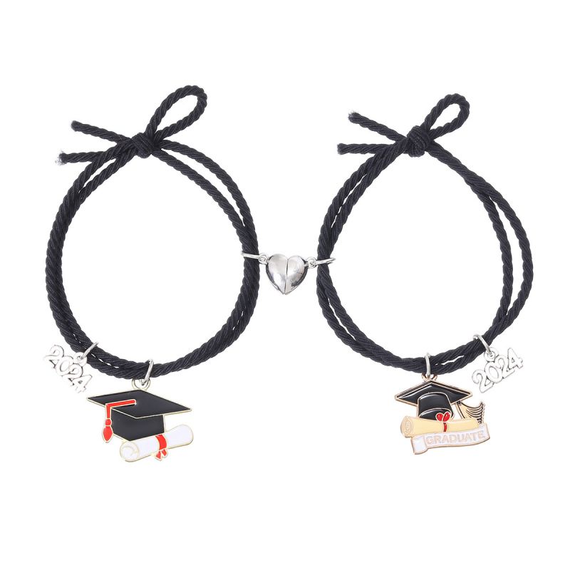 Fashion Graduation Season A+b2024 Love Magnet Elastic Bracelet Black And Black Pair A Pair Of Alloy Geometry Bachelor's Cap Magnetic Love Bracelets