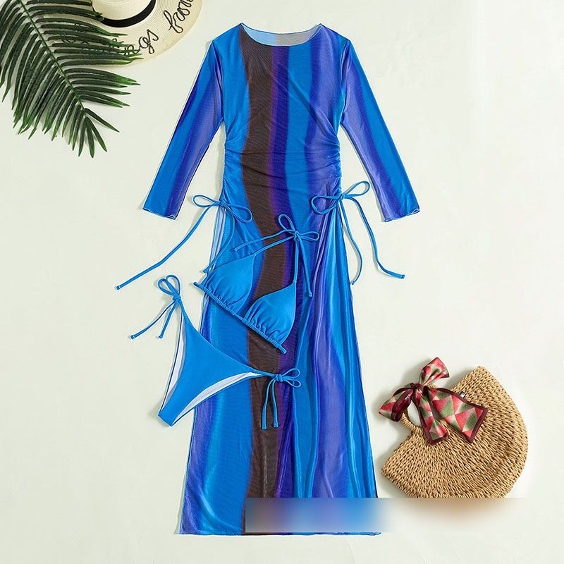 Fashion Blue Polyester Halterneck Lace-up Tankini Swimsuit Three-piece Bikini Cover-up