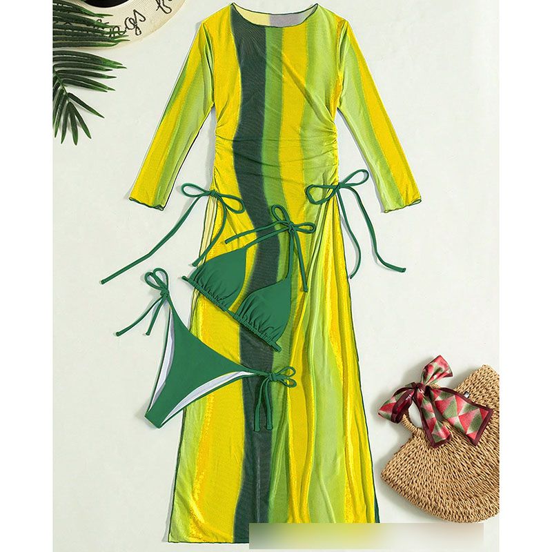Fashion Yellow-green Polyester Halterneck Lace-up Tankini Swimsuit Three-piece Bikini Cover-up