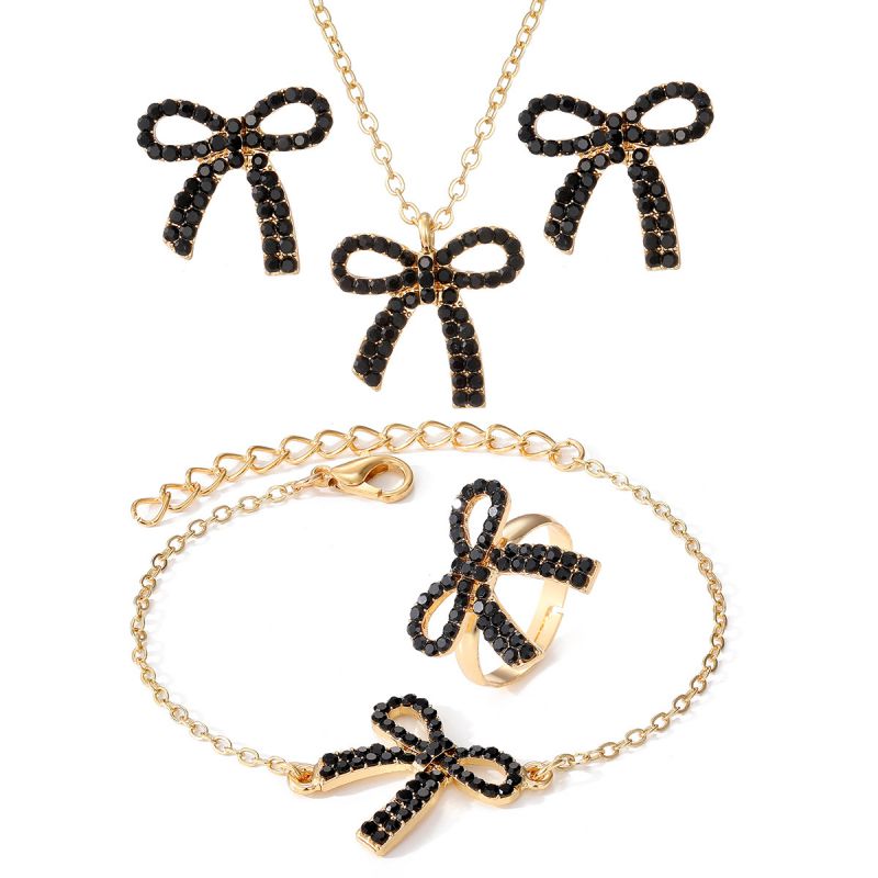 Fashion 6# Alloy Diamond Bow Necklace Earrings Bracelet Ring Set
