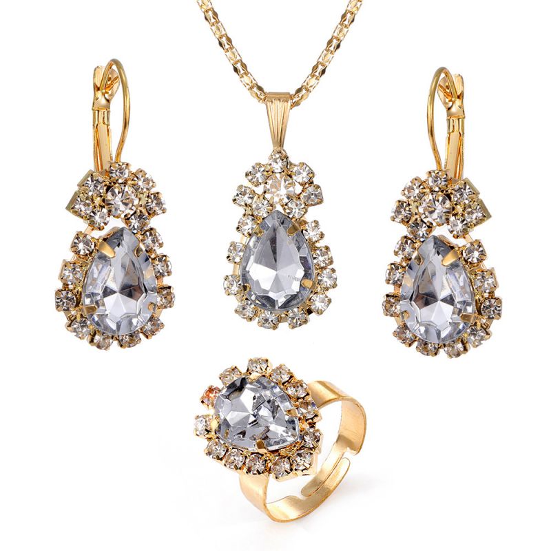 Fashion 11# Alloy Diamond Geometric Earrings Necklace Ring Set