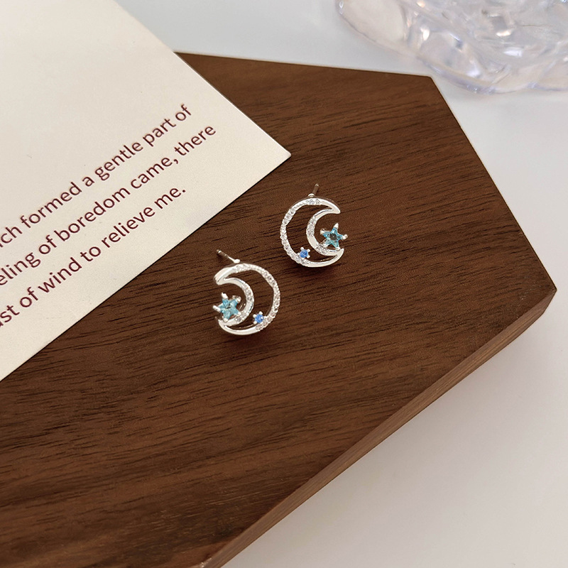 Fashion Silver Copper Set With Diamonds Hollow Star And Moon Earrings