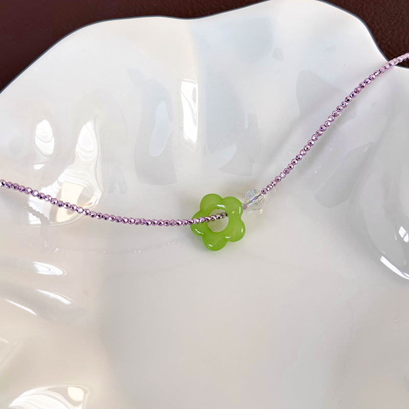 Fashion E Purple Pearl Green Flower Geometric Beaded Flower Necklace