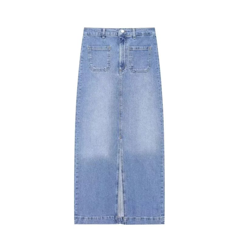 Fashion Blue Denim Patch Pocket Slit Skirt