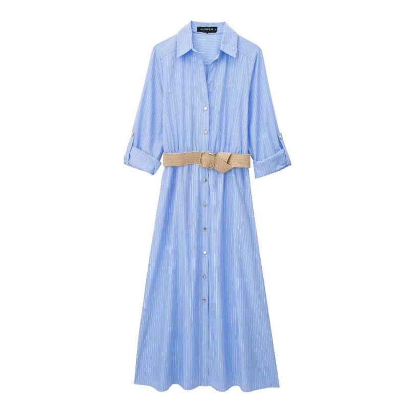 Fashion Blue Blended Lapel Buttoned Long Skirt