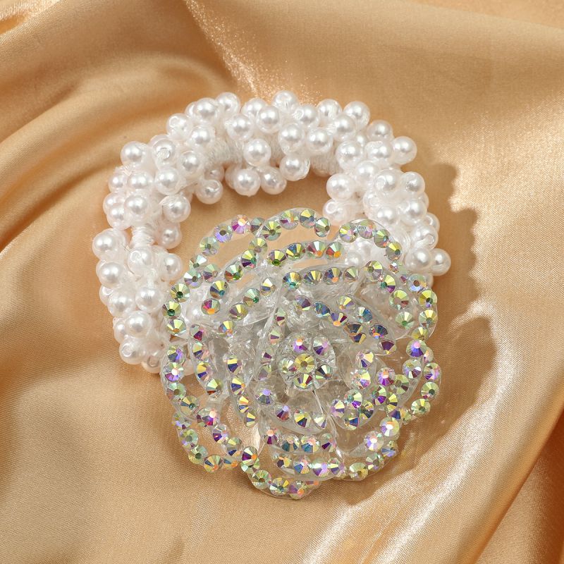 Fashion White Pearl Beaded Crystal Flower Hair Rope