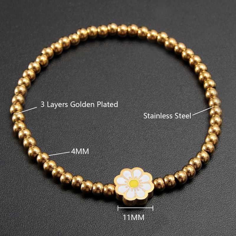 Fashion Golden 2 Stainless Steel Geometric Beaded Flower Bracelet