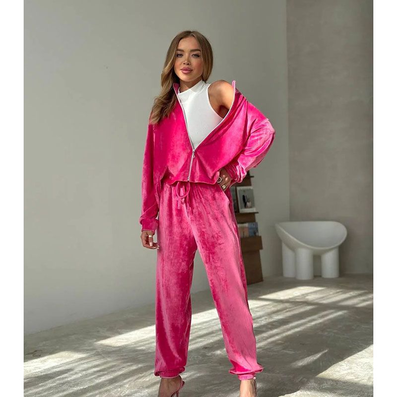 Fashion Rose Red Velvet Long-sleeved Zippered Jacket And Wide-leg Trousers Two-piece Set