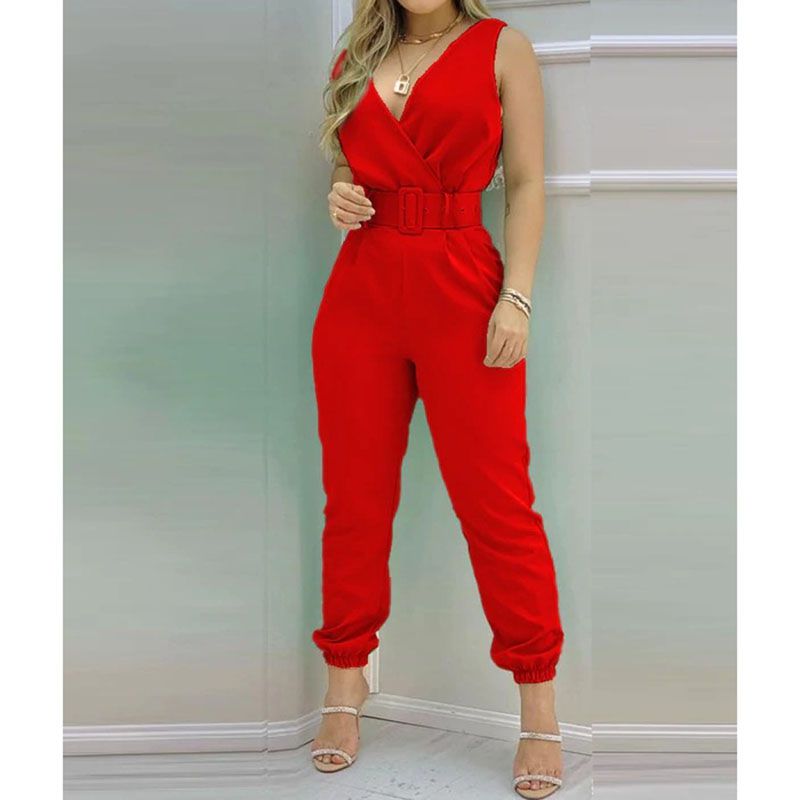 Fashion Red Polyester Printed V-neck Jumpsuit (comes With Belt)