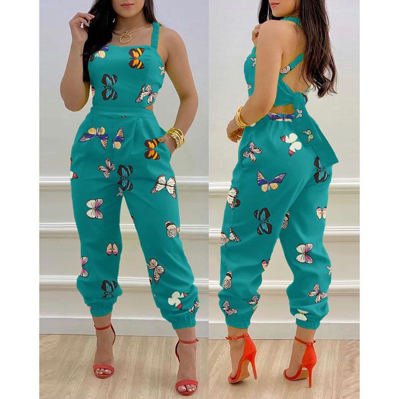 Fashion Butterfly Polyester Lace-up Suspender Cutout One-piece High-waisted Trousers