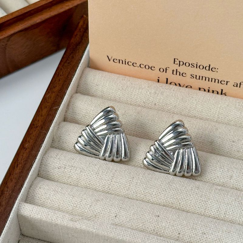 Fashion Silver Pleated Triangle Stud Earrings