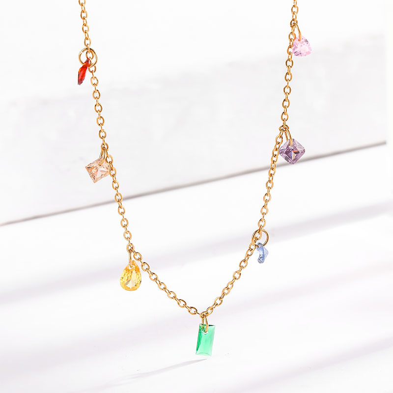Fashion Rainbow Zircon Gold Necklace Titanium Steel Diamond Square Drop-shaped Necklace