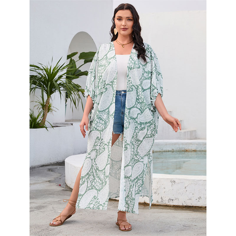 Fashion Green Polyester Printed Lace-up Cardigan