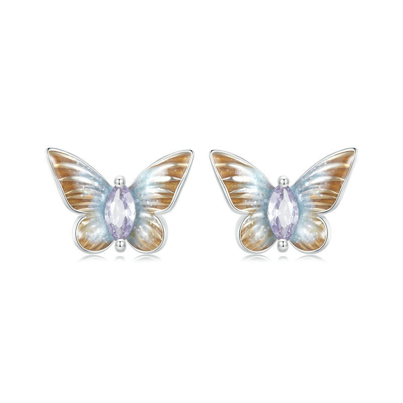 Fashion Silver Silver And Diamond Butterfly Stud Earrings