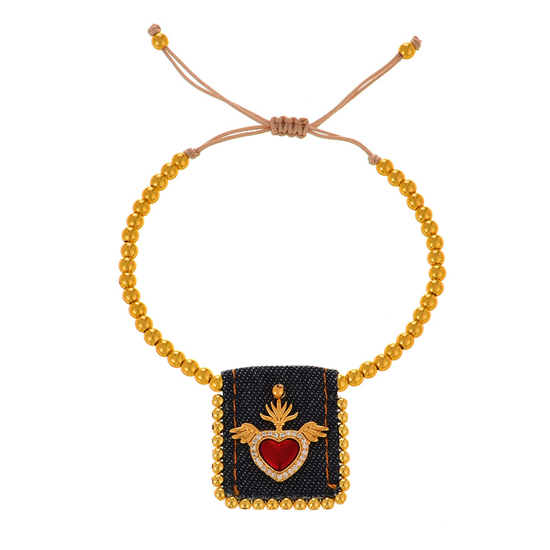 Fashion Golden 1 Copper Inlaid Zirconia Heart Square Denim Pendant Beaded Bracelet
