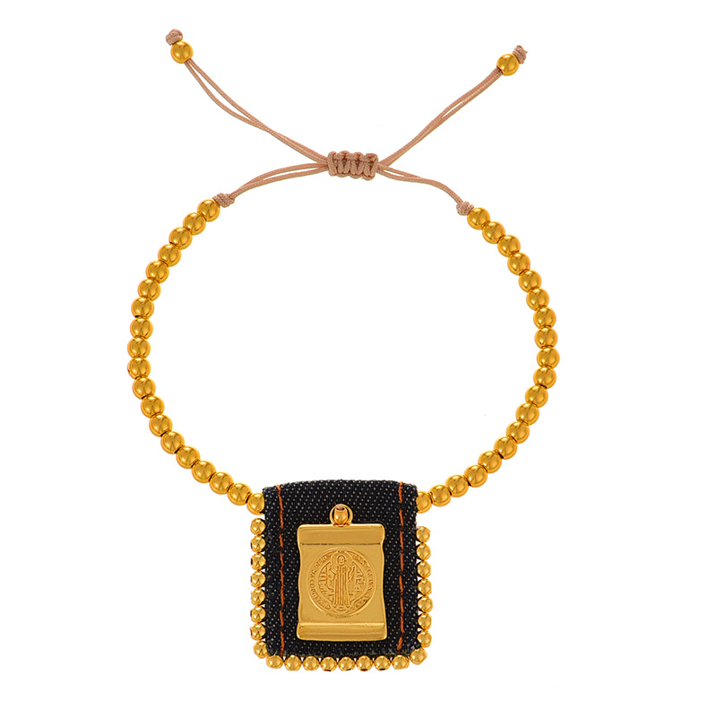 Fashion Golden 4 Bronze Figure Square Denim Pendant Beaded Bracelet