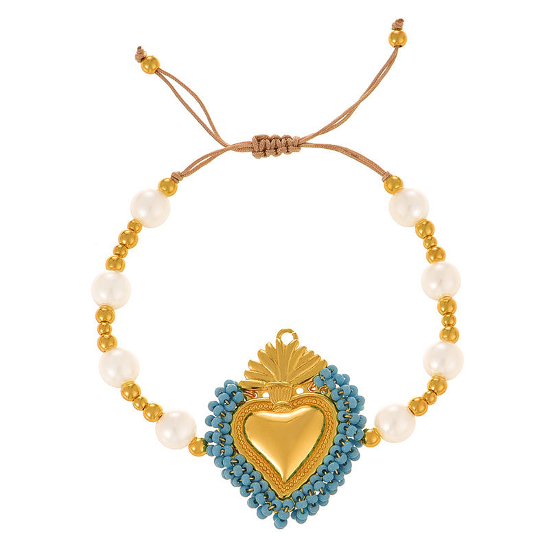 Fashion Blue Rice Beads Irregular Love Pendant Pearl Beads Braided Bracelet