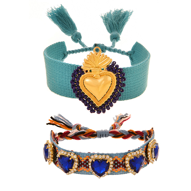 Fashion Blue Two-piece Set Of Rice Beads Irregular Love Heart Inlaid With Diamond Braided Tassel Bracelets