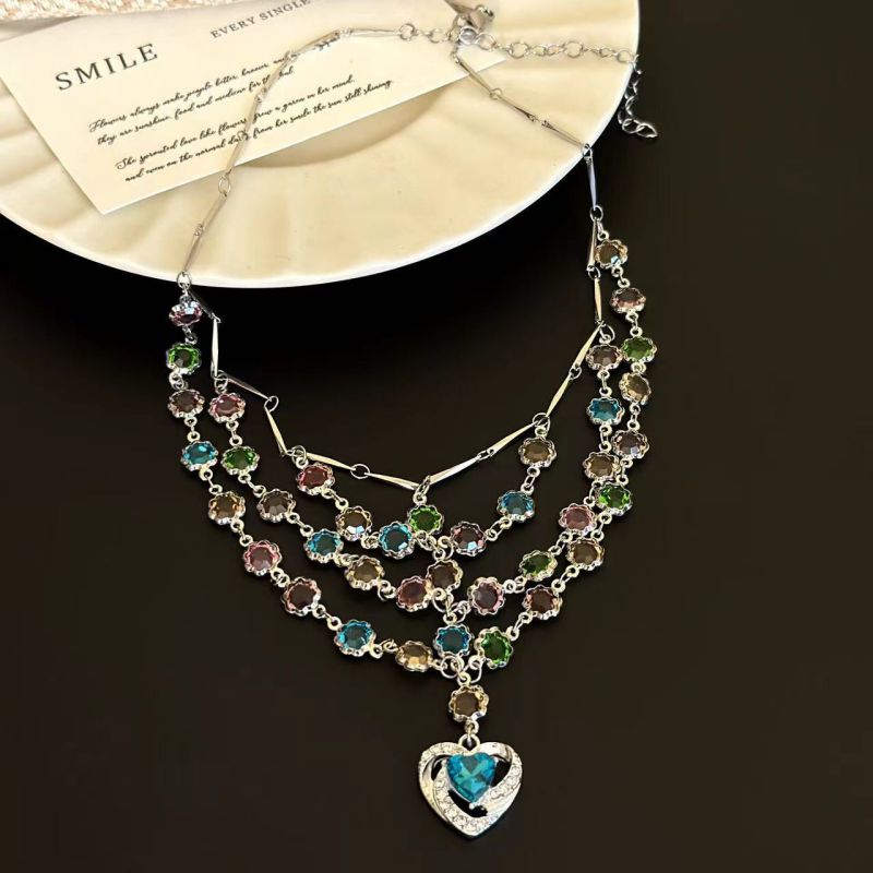 Fashion Silver Multi-layered Colorful Crystal Love Necklace