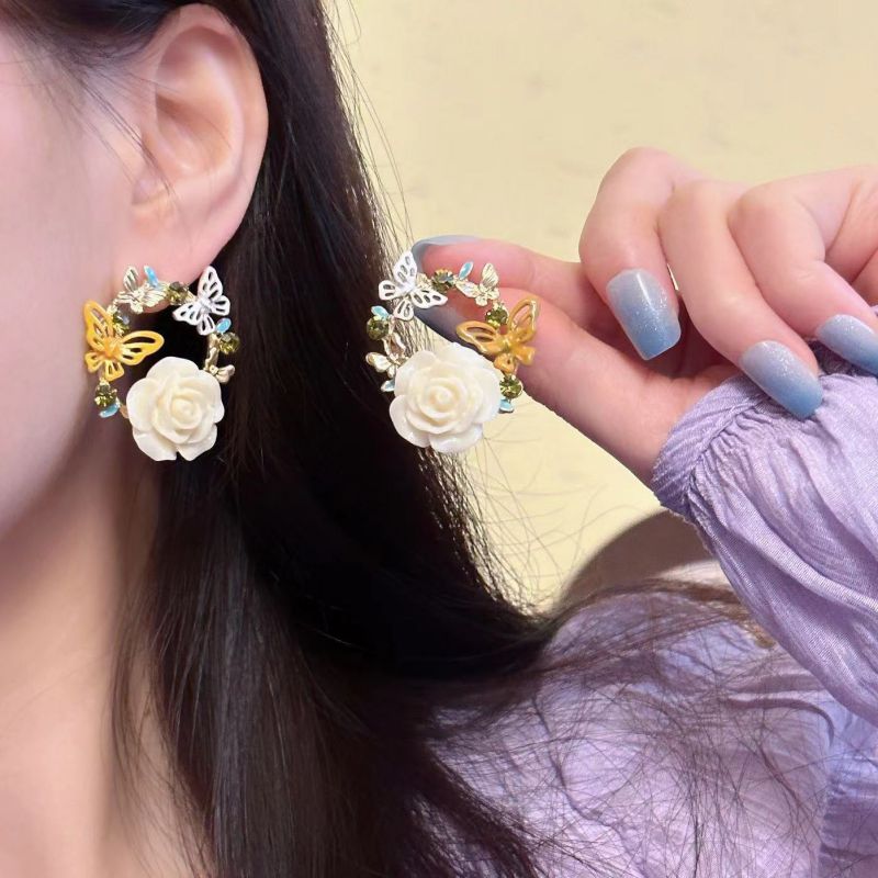 Fashion B Cream White Alloy Diamond Flower Butterfly Stud Earrings