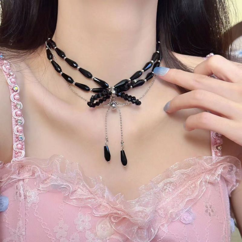 Fashion Silver Multi-layered Beaded Bow Necklace