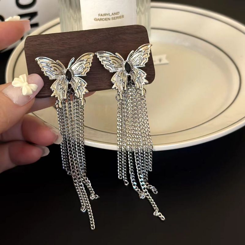 Fashion Silver Metal Butterfly Tassel Earrings