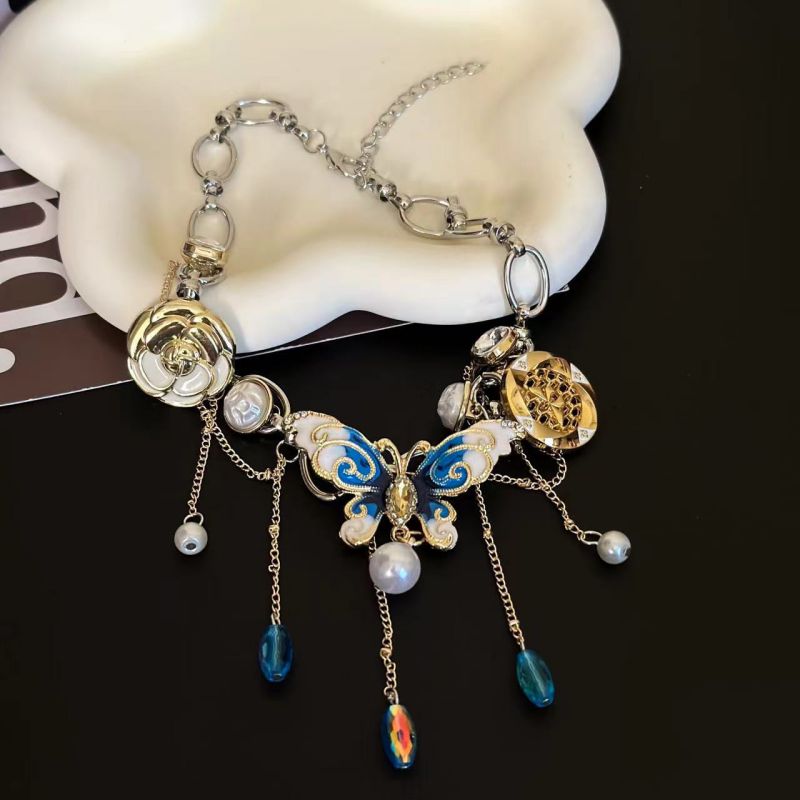 Fashion Silver Alloy Oil Drop Butterfly Flower Necklace