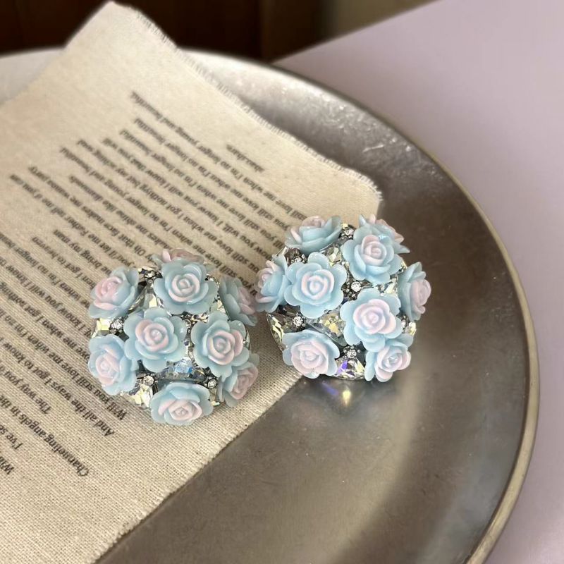 Fashion Blue Acrylic Diamond-encrusted Contrasting Color Flower Stud Earrings