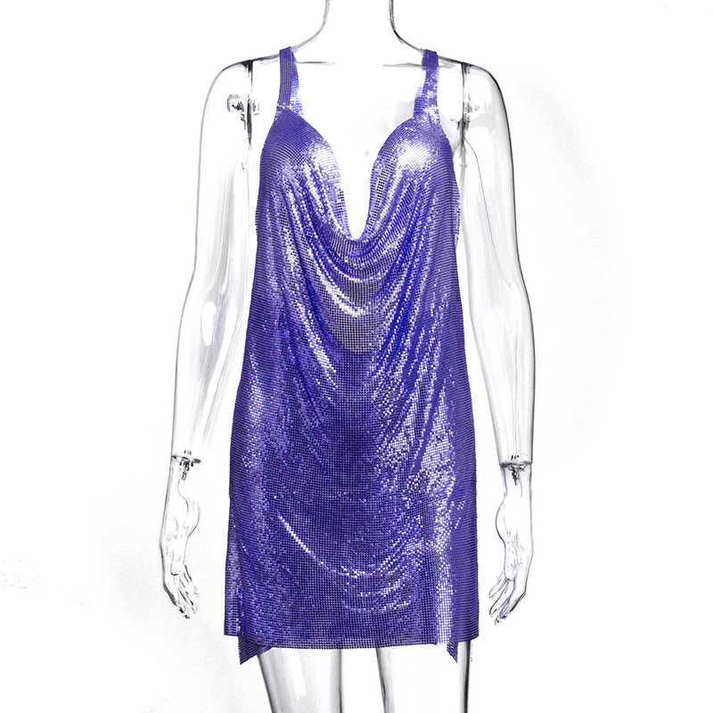 Fashion Purple Metallic Sequin Halterneck Skirt