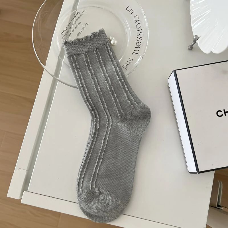Fashion Grey Fungus Edge Knitted Hemp Mid-calf Socks