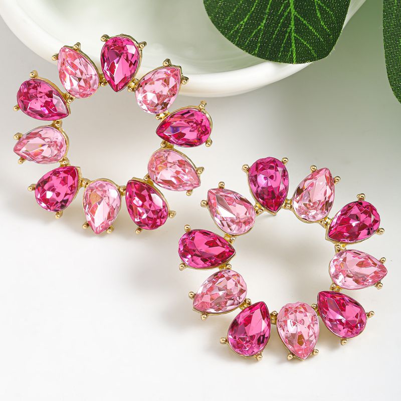 Fashion Rose Pink Alloy Diamond Drop-shaped Round Stud Earrings