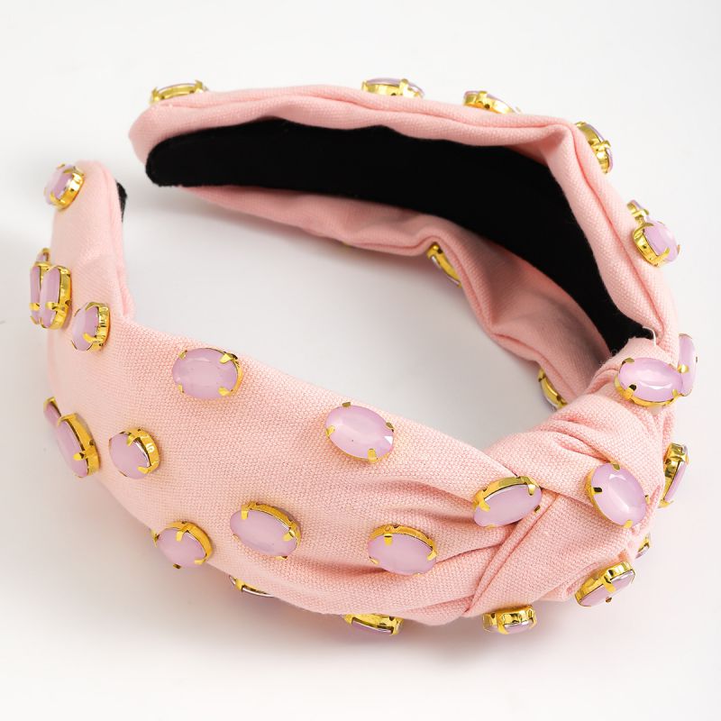 Fashion Pink Oval Rhinestone Wide Edge Knotted Headband