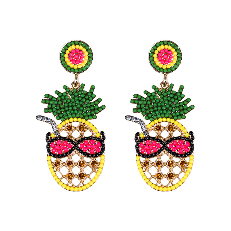 Fashion Rose Red Alloy Diamond Beads Pineapple Earrings