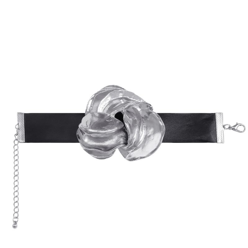 Fashion Silver Metallic Flower Leather Bracelet