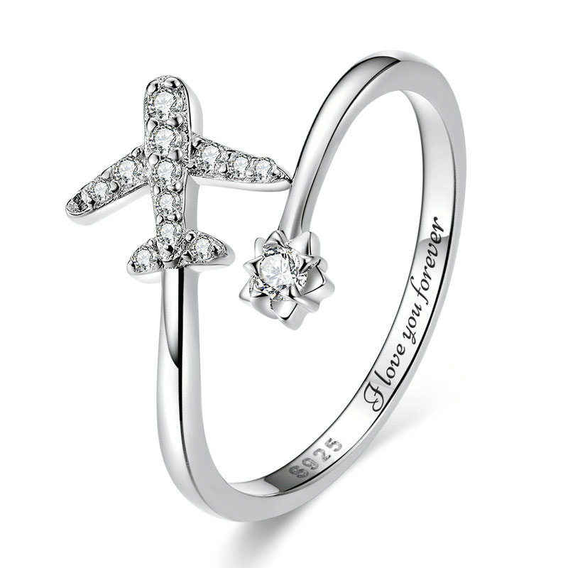 Fashion Lettering 2 Silver And Diamond Aircraft Open Ring